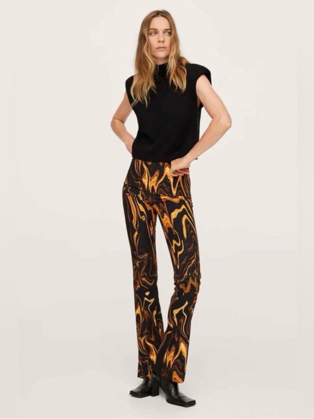 Mango MNG Women's XS Flare Pants Abstract Swirl Print High Rise Trousers